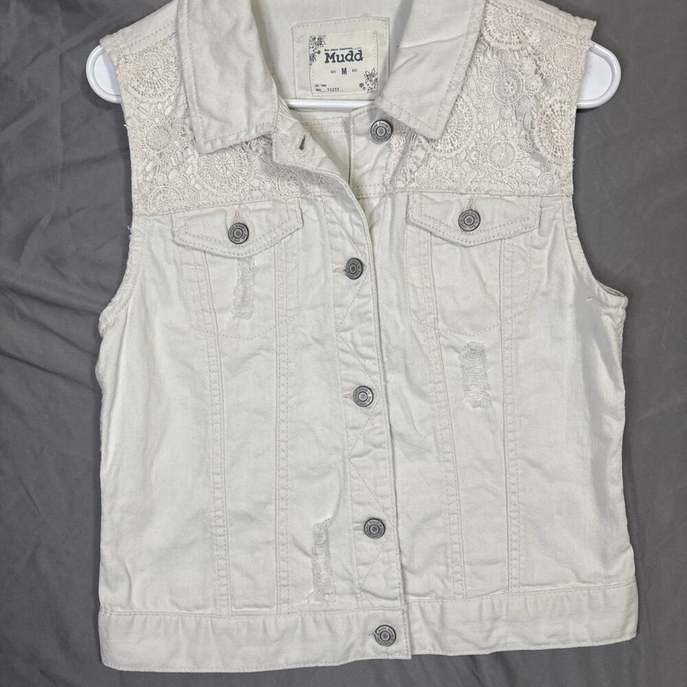 Mudd - White Lace Denim Vest -Size M Distressed Y2k
